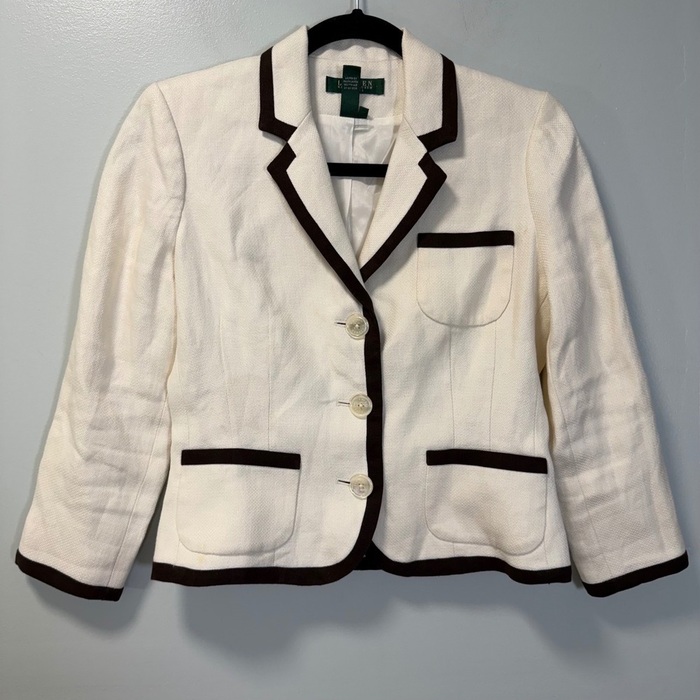 Lauren Ralph Lauren Vintage Petite Off-White Linen Brown Contrast Trim Blazer 4P